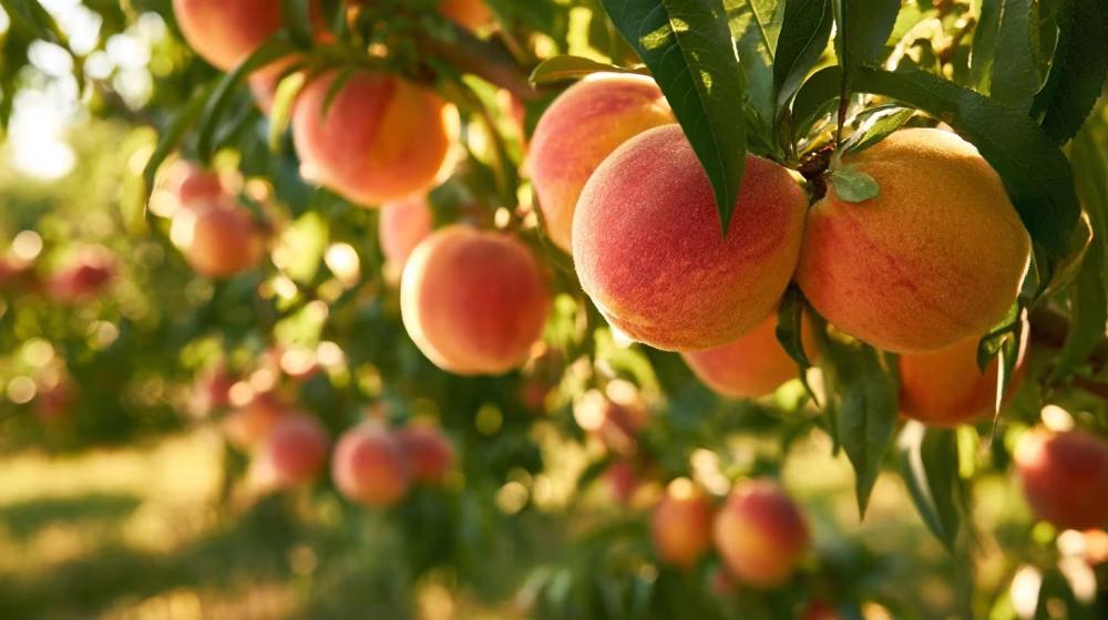 Pêches mûres sur les branches d’un pêcher en Provence