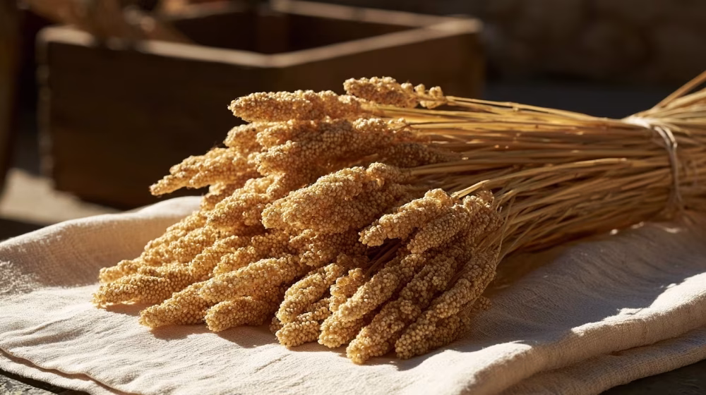 Panicules de millet mûres séchant sur une toile propre dans une cour agricole provençale