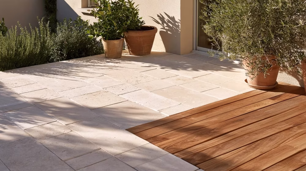 Dallage en pierre calcaire et lames de bois sur une terrasse privée à Aix-en-Provence