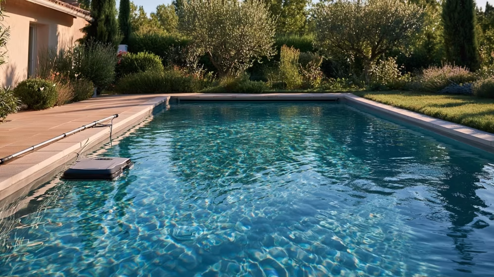 Robot de nettoyage dans une piscine claire d’un jardin en Provence