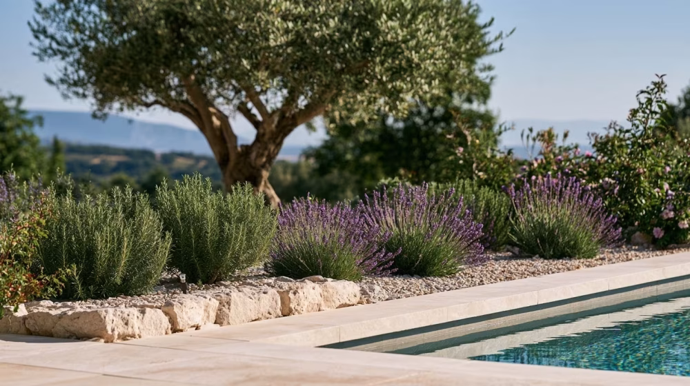 Romarin et lavande plantés dans un massif sec en retrait d’une terrasse de piscine en Provence