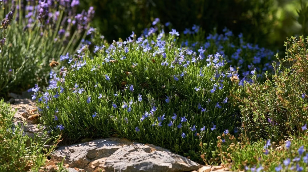 Romarin rampant fleuri couvrant une rocaille dans un jardin de Gap