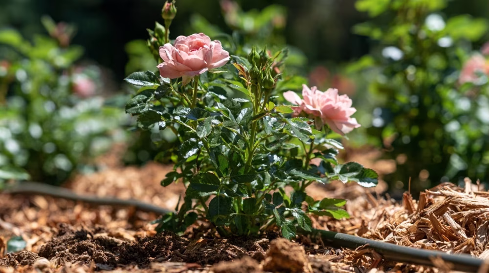 Rosier rose sain arrosé au pied par un goutte-à-goutte discret dans un sol paillé
