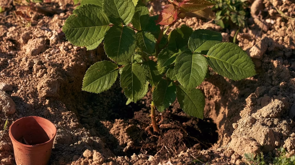 Jeune rosier aux racines installées dans une terre légère et drainée de jardin provençal