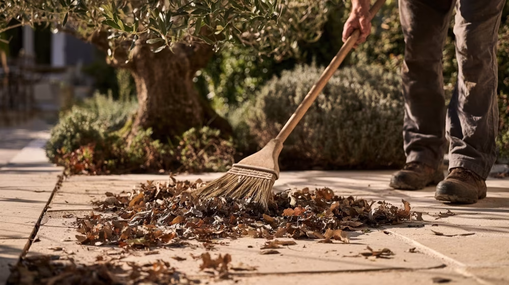 Balayage des feuilles sur une terrasse provençale en pierre naturelle à l’automne