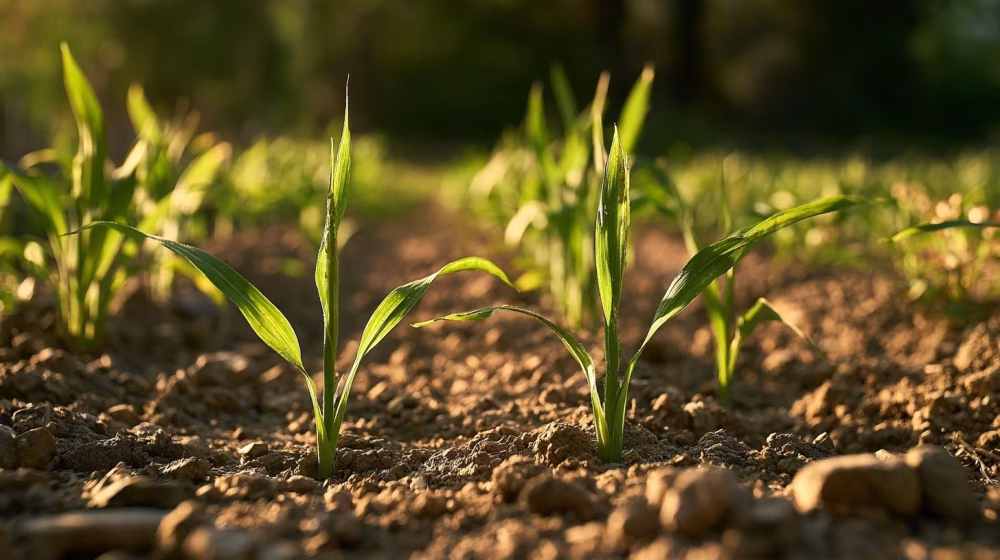Rangs réguliers de jeunes plantules de millet dans une parcelle provençale
