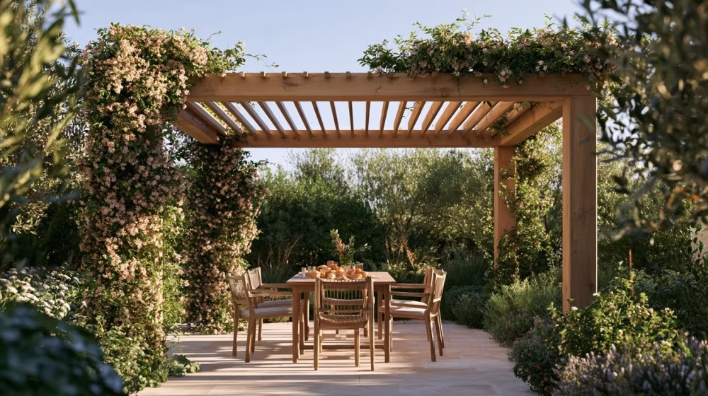 Pergola en bois sur mesure protégeant un coin repas sur une terrasse provençale