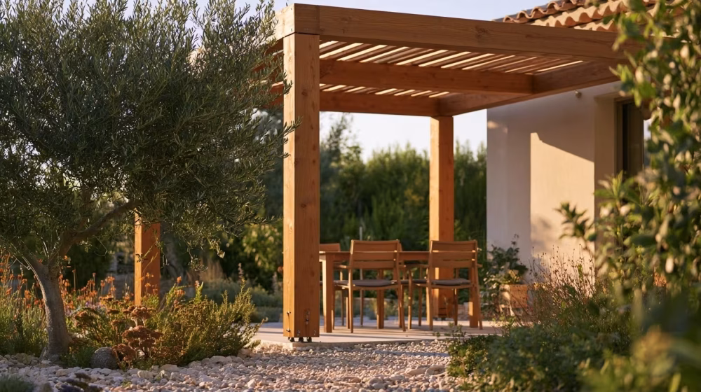 Pergola en bois local avec table sur une terrasse provençale plantée d’un olivier
