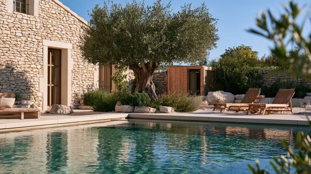 Bassin de piscine clair dans un jardin méditerranéen provençal