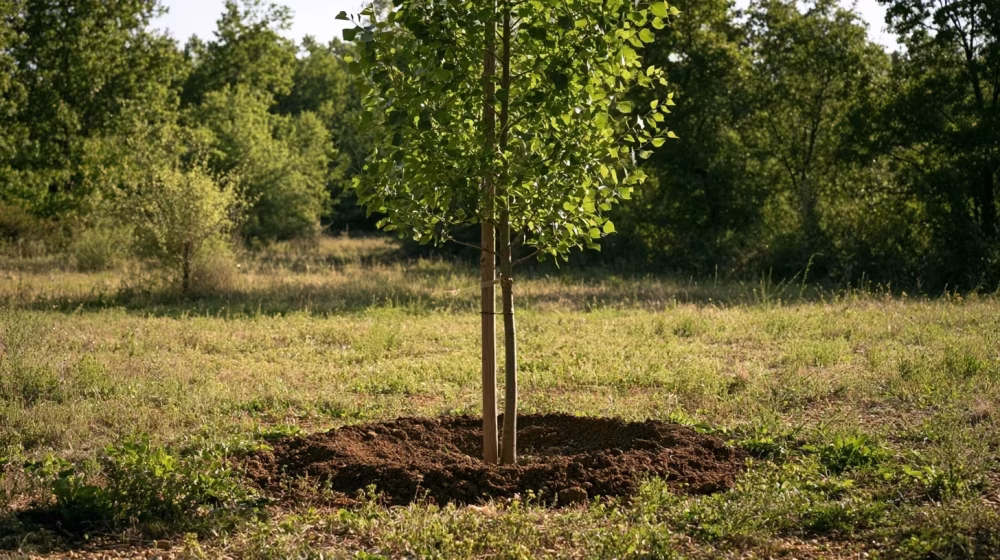 Jeune peuplier noir planté avec tuteur et cuvette d’arrosage