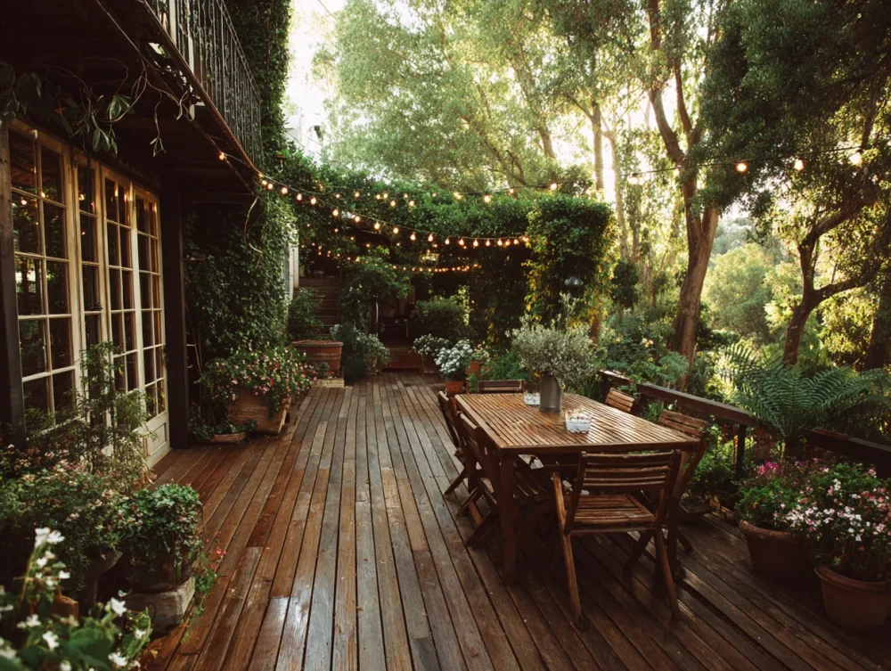 Terrasse bois extérieur jardin ambiance chaleureuse