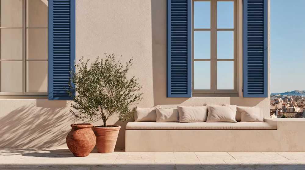 Terrasse marseillaise en pierre avec vue urbaine et lumière méditerranéenne