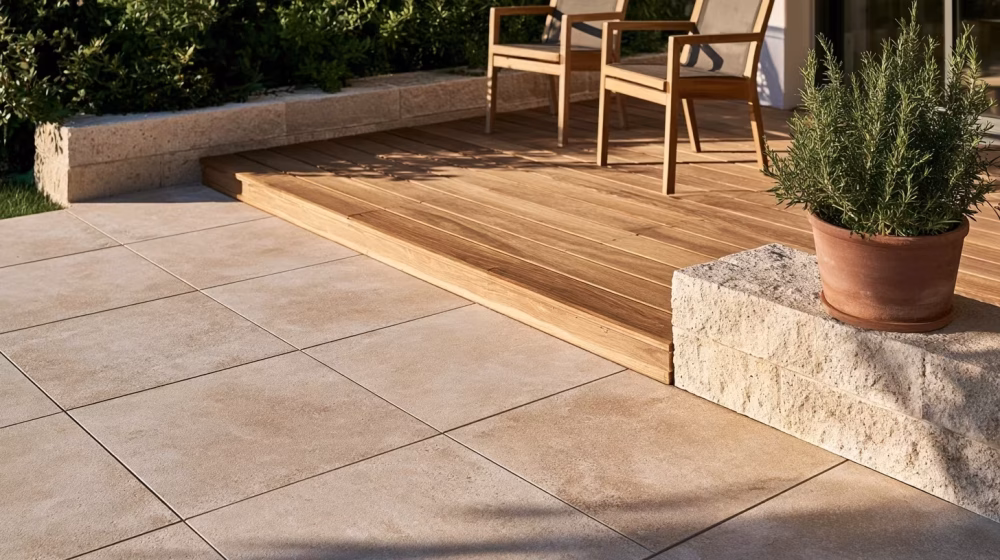 Carrelage antidérapant clair et zone en bois sur une terrasse à Marseille