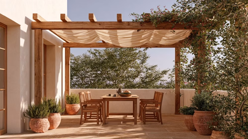 Table extérieure sous une pergola ombragée sur une terrasse marseillaise