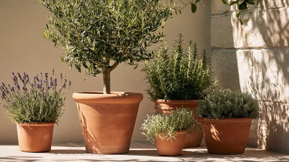 Olivier, lavande et romarin en pots sur une terrasse à Marseille