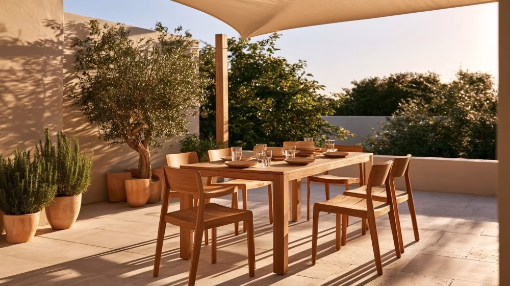 Table dressée simplement pour un repas sur une terrasse marseillaise ombragée