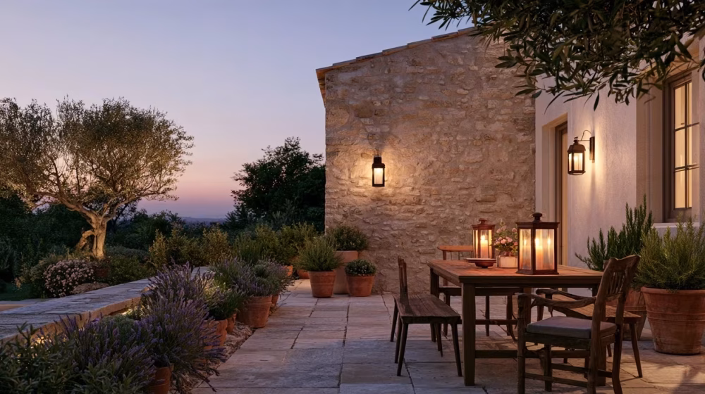 Appliques murales et lanternes éclairant une terrasse provençale avec lavande et romarin en pots