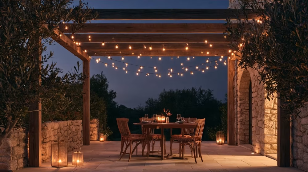 Guirlande lumineuse et lanternes sur une terrasse provençale chaleureuse le soir