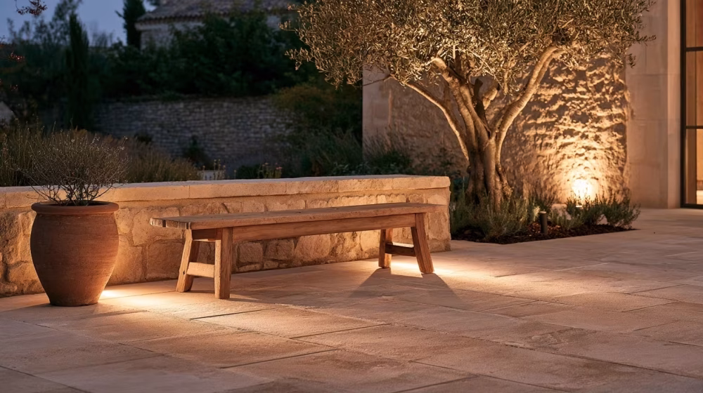 Dallage en pierre claire et mobilier en bois éclairés sur une terrasse provençale