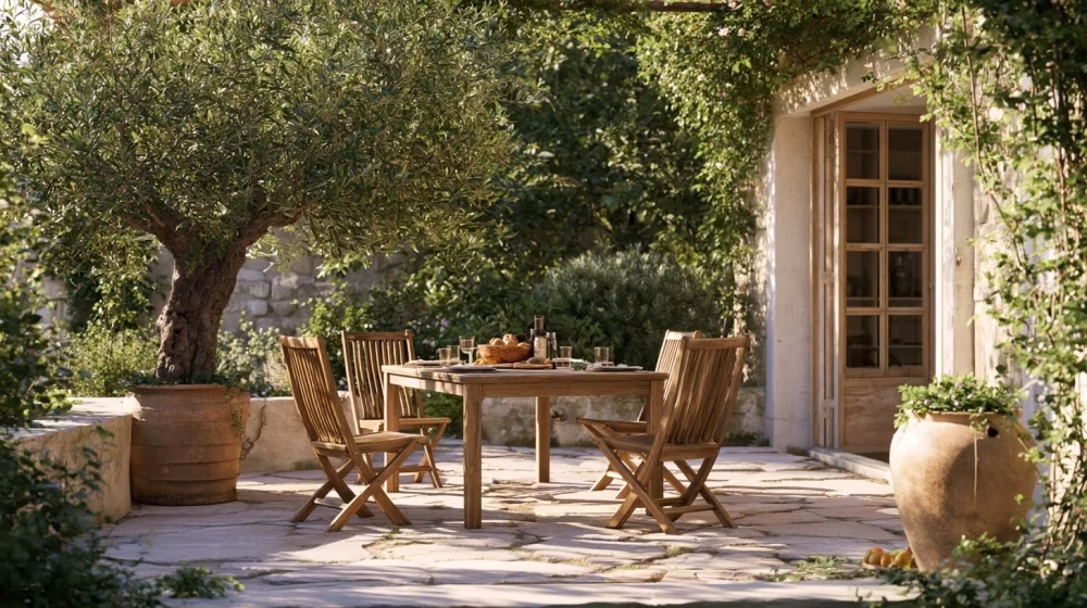 Table rectangulaire et quatre chaises avec passage dégagé sur une terrasse provençale