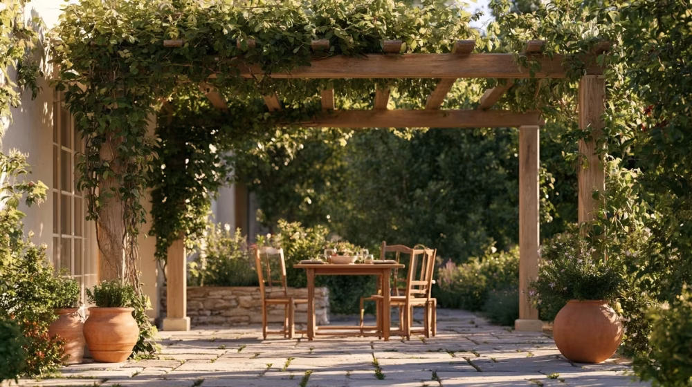 Pergola en bois créant une ombre douce au-dessus d’une table sur terrasse provençale