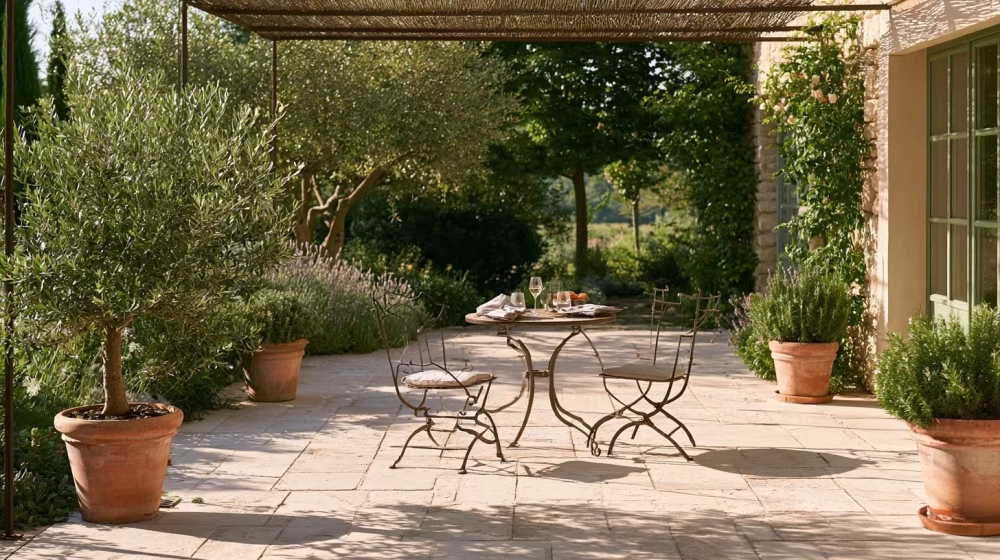Petit coin repas avec table en métal, chaises et pots d'olivier, lavande et romarin sur terrasse provençale