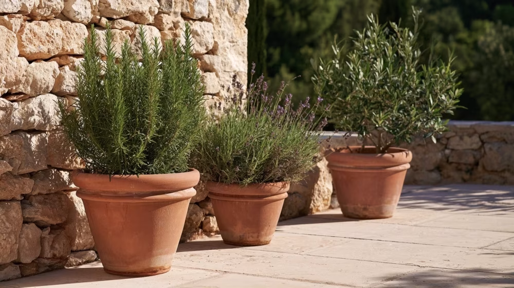 Dallage clair drainant et grands pots de terre cuite avec romarin et lavande sur une terrasse méditerranéenne