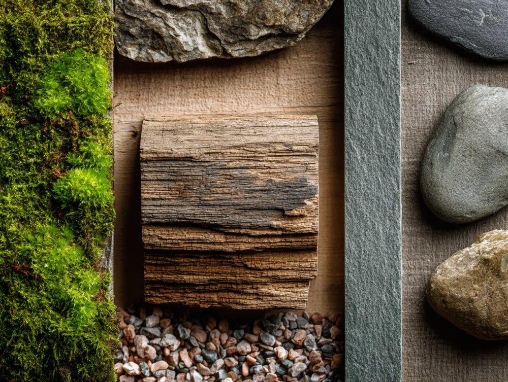 Textures naturelles matériaux jardin pierre bois