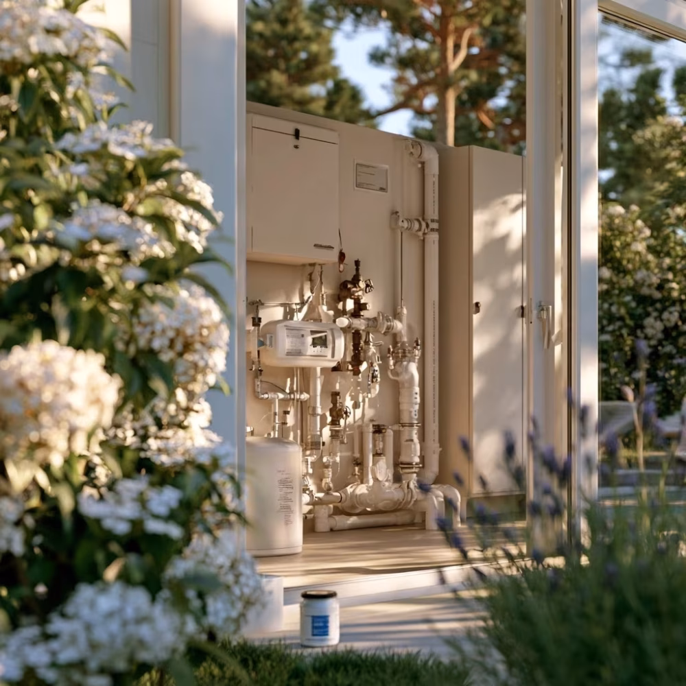 Local technique de piscine avec filtration et canalisations dans un jardin provençal