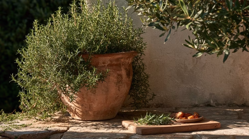 Romarin rampant retombant d’une jardinière avec quelques brins frais près d’une cuisine extérieure