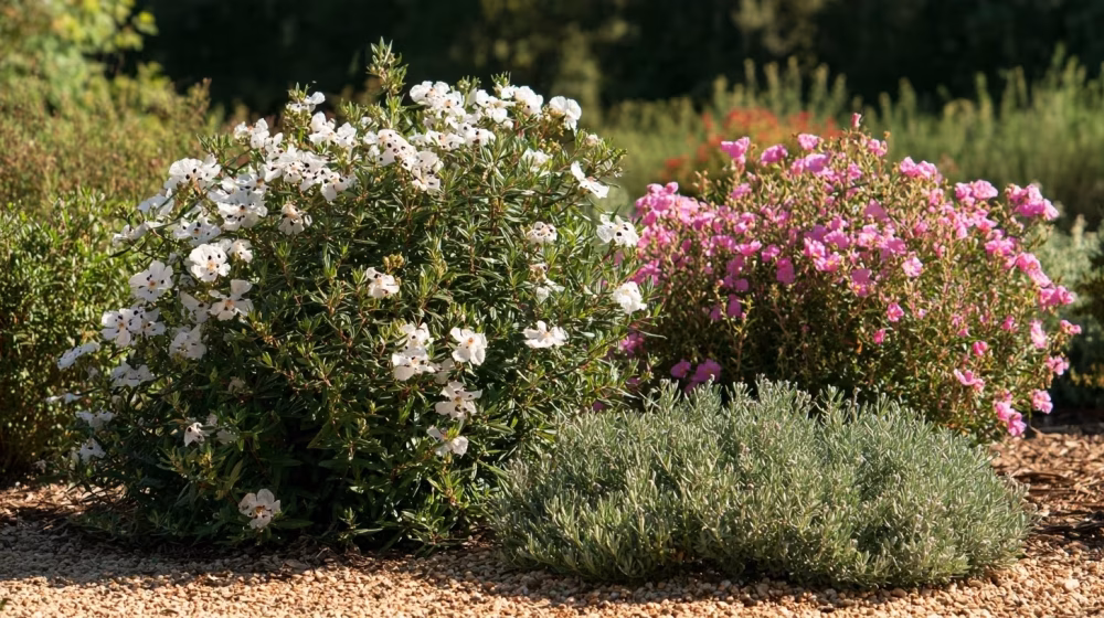 Différentes variétés de cistes à fleurs blanches et roses dans un jardin sec