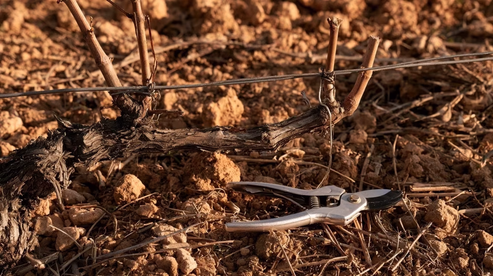 Sarment de vigne Vitis vinifera taillé sur un fil de palissage en hiver près d’Orange