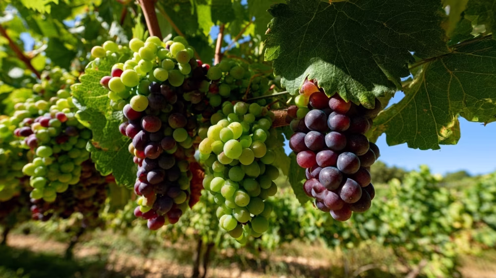 Grappes de raisin Vitis vinifera en véraison parmi des feuilles de vigne saines à Orange