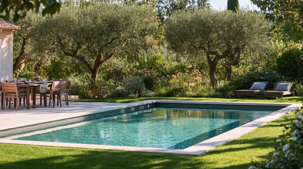 Zone repas et détente dans un jardin avec piscine en Provence